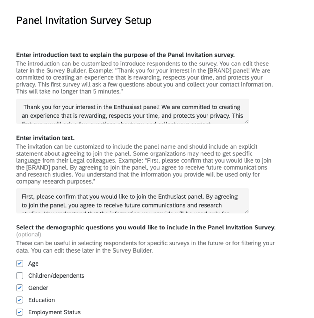 Screenshot of Panel Invitation Survey Setup