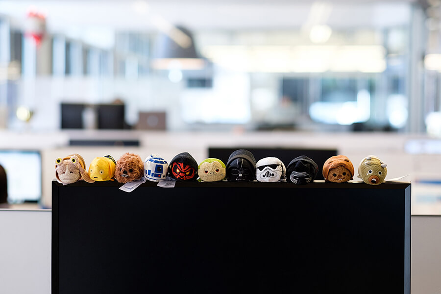 Starwars stuffed animals in a line