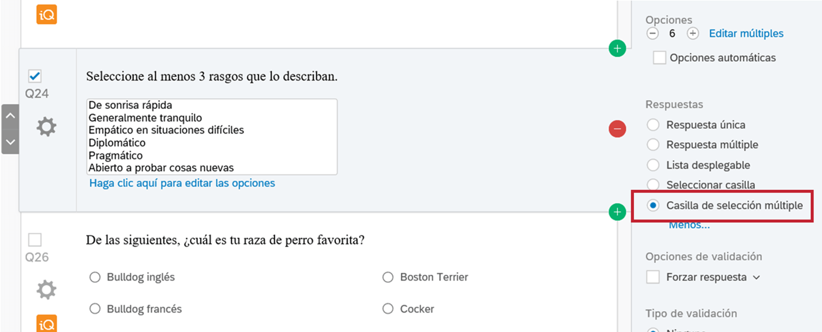 Pregunta de opción múltiple Qualtrics