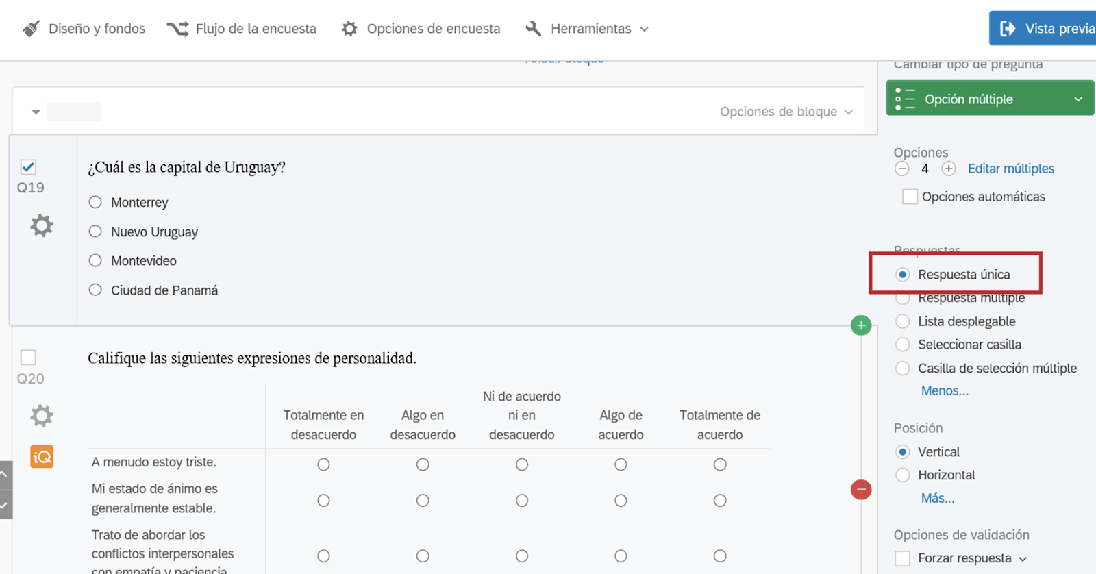 Pregunta de opción múltiple Qualtrics