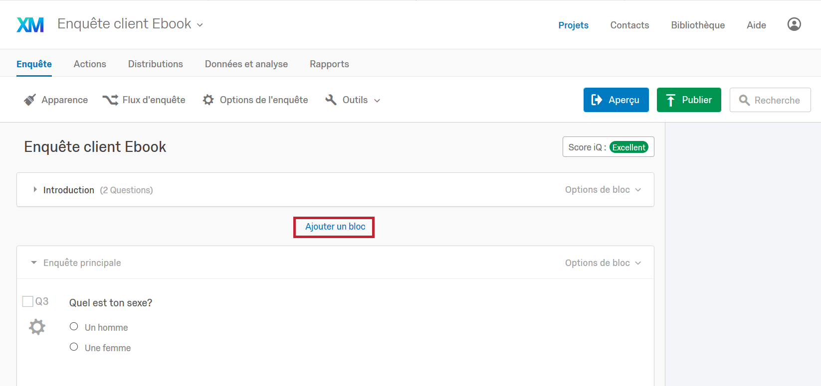 Options de blocs Qualtrics