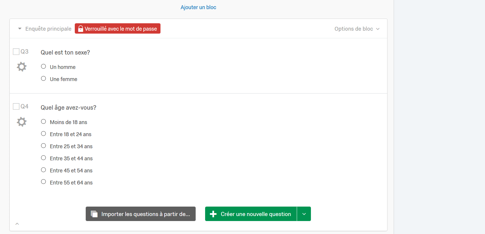 Options de blocs Qualtrics
