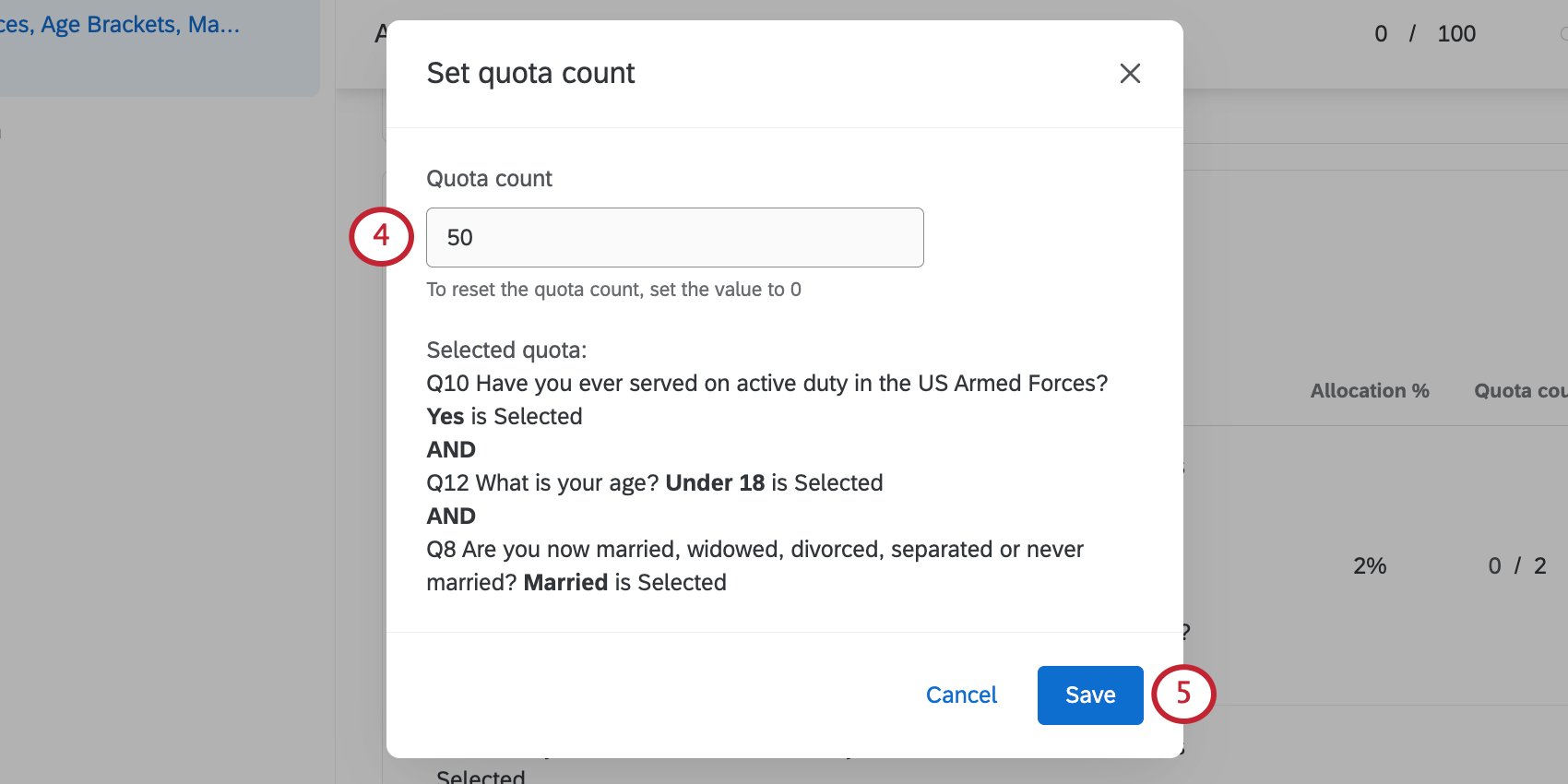 New window where you set a quota count