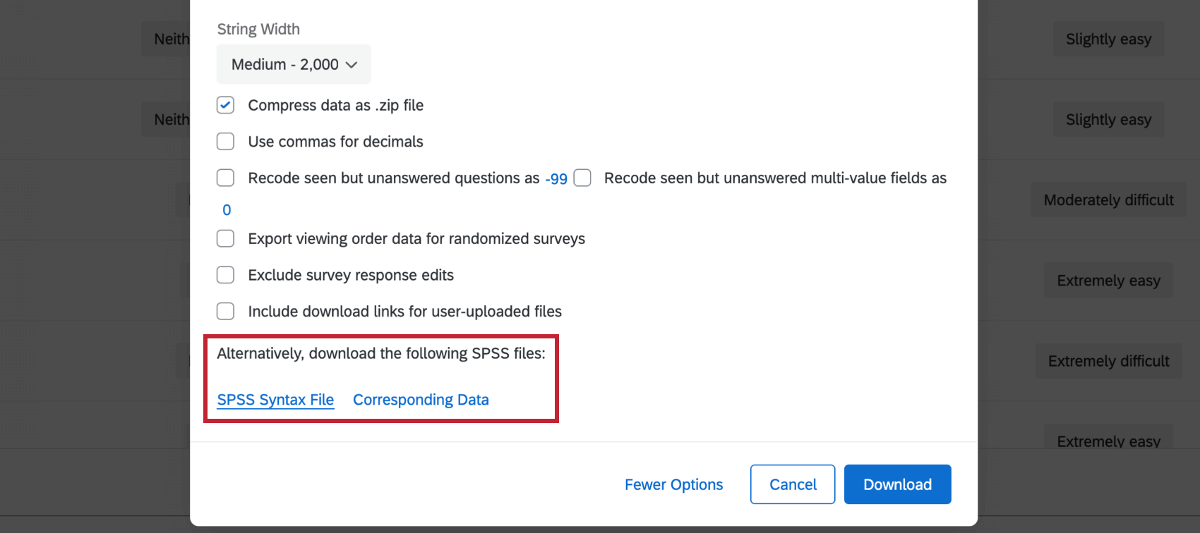 Más opciones disponibles para archivos SPSS