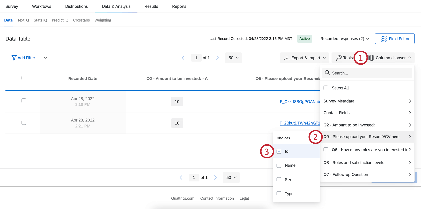 menu du sélecteur de colonne dans lequel lID de téléchargement de fichier peut être sélectionné