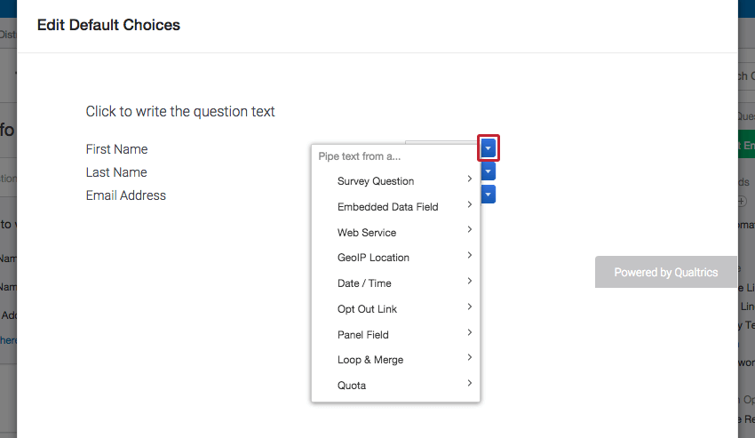 le menu déroulant bleu du menu Modifier les choix par défaut permet de sélectionner du texte inséré