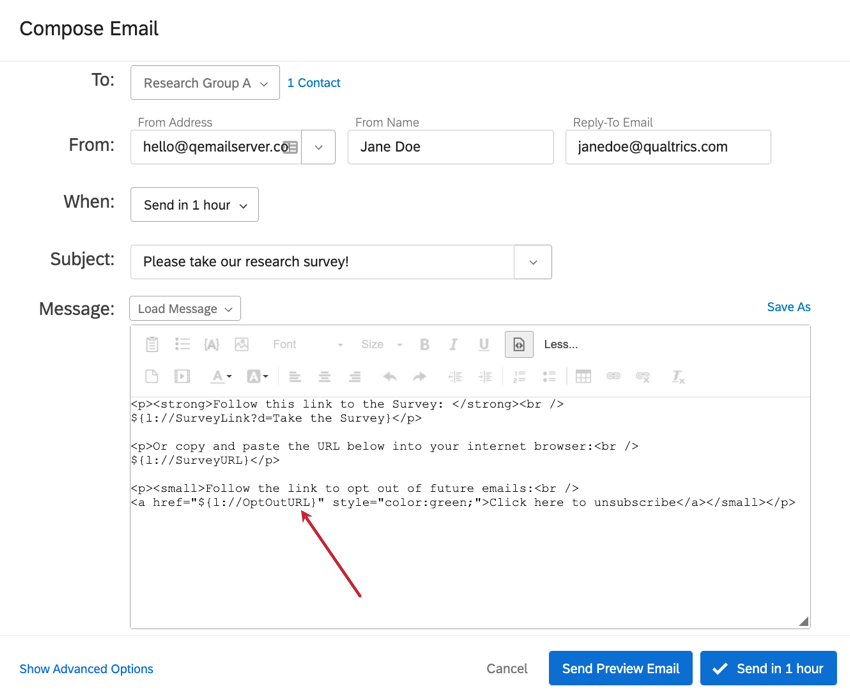 View sorgente HTML con URL di opt-out anziché link di opt-out nel testo trasferito