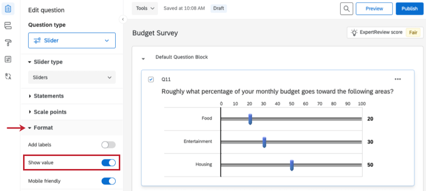 Show value is selected, so the answer provided on the slider makes a number come up