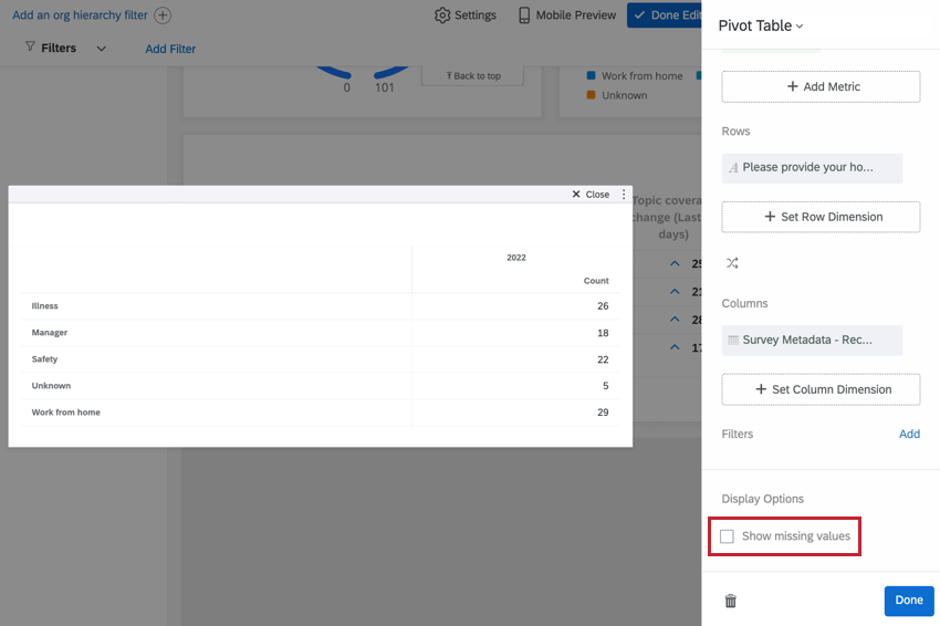 Opciones de visualización de tabla dinámica - Mostrar configuración de valores que faltan