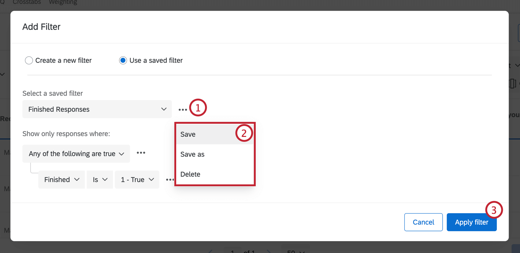 o botão de ações ao lado do nome do filtro exibe um menu suspenso com opções para salvar, salvar como ou excluir o filtro.