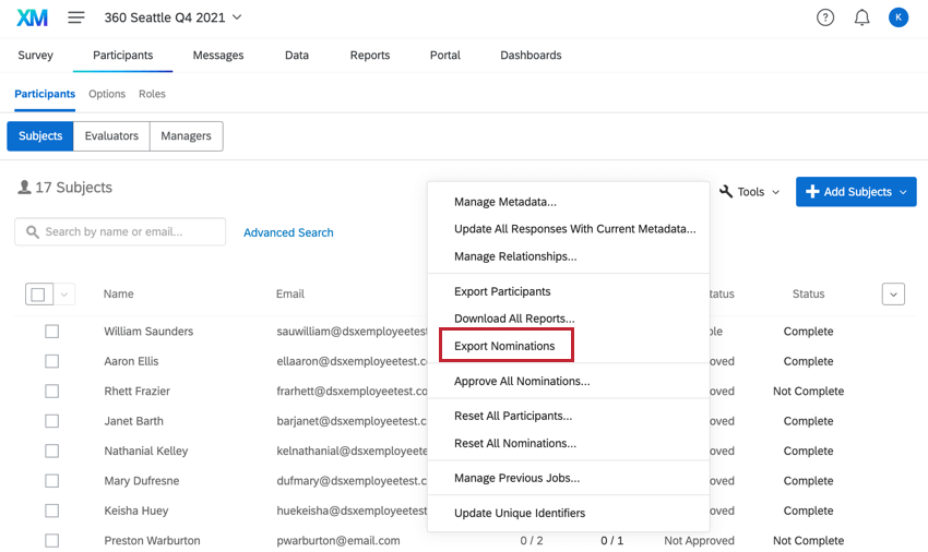 choosing export nominations in participant tools