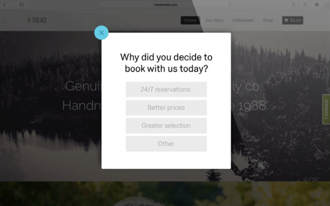 a website intercept on a retail website that asks the customers why they decided to choose this company