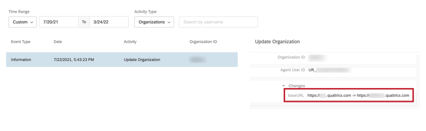 the Update Organization section where changes to a brand's base URL is shown as an example
