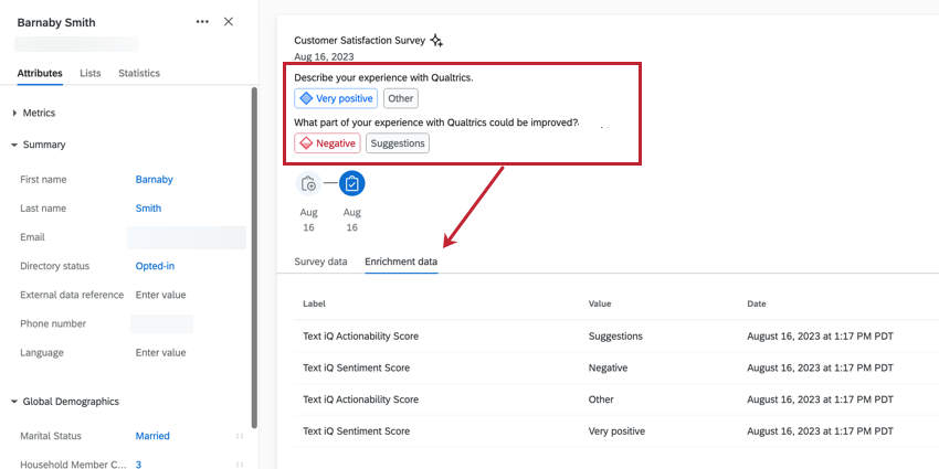 Shows the TextiQ enrichment data in the profile card of the XMD touchpoint timeline.