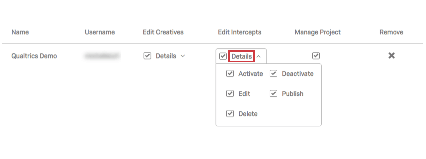 Un utilisateur de projet et ses autorisations. Sous la colonne Modifier les intercepts, les détails sont développés pour modifier, publier, supprimer, activer ou désactiver.