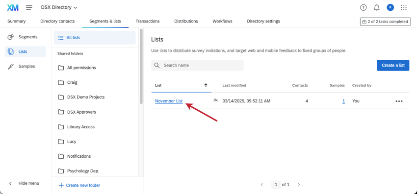 image shows the directory open to the segments and lists tab, lists selected to left, and then an arrow pointing to a specific list name