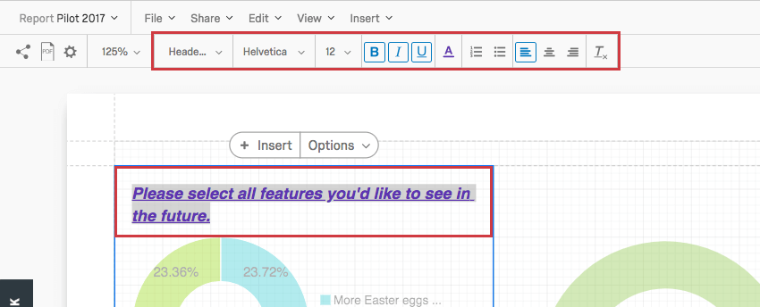 L’éditeur de contenu riche au-dessus d’un titre de visualisation en cours de modification