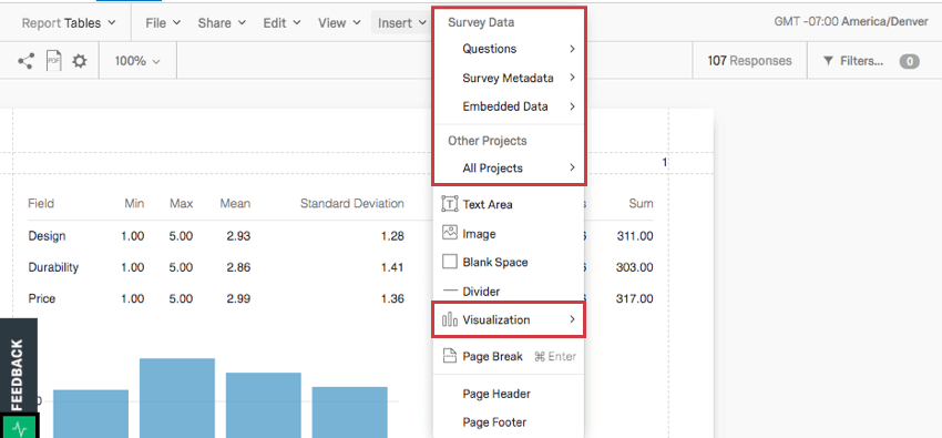 on the toolbar, insert is clicked, revealing a list of visualizations and content to be inserted