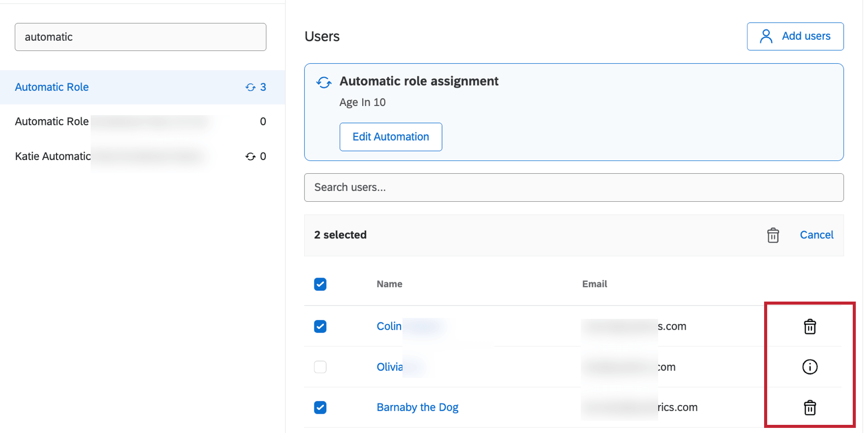 clicking the trash can icon next to a user to remove them from the role