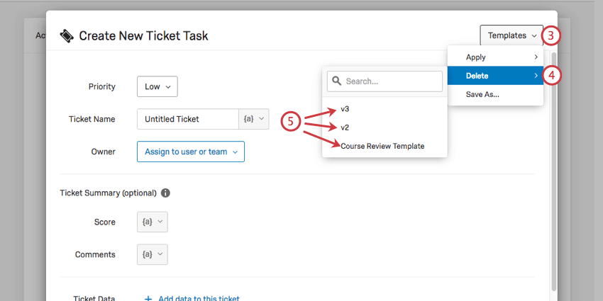 Klicken Sie auf das Vorlagen-Dropdown, bewegen Sie den Mauszeiger über „Löschen“, und wählen Sie eine Vorlage aus.