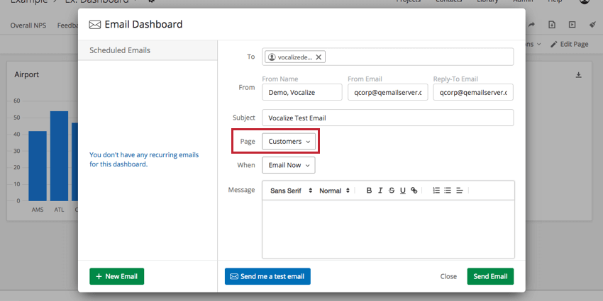 escolhendo a página do painel de instrumentos para enviar e-mail