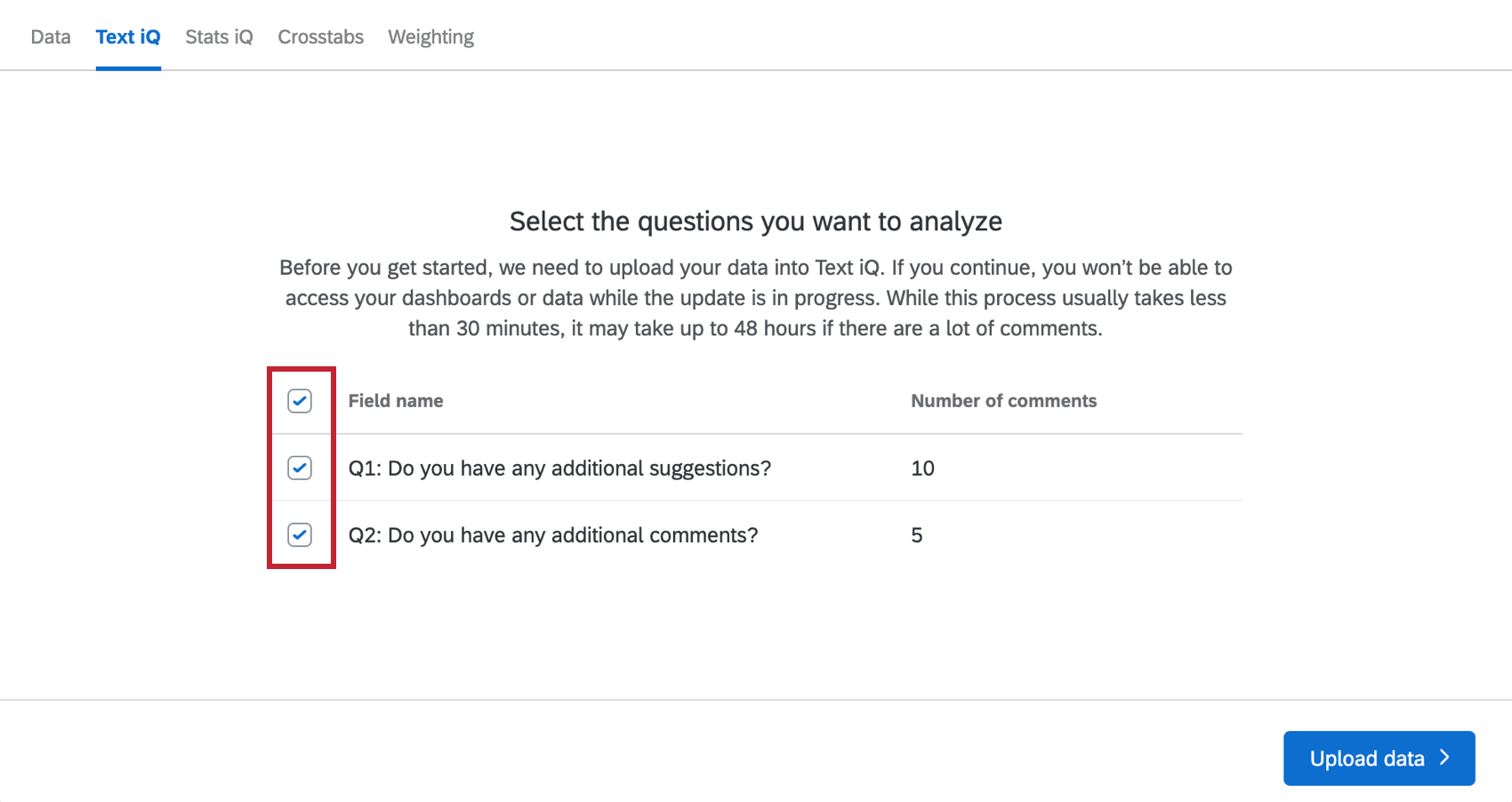 selecting questions to upload to text iq