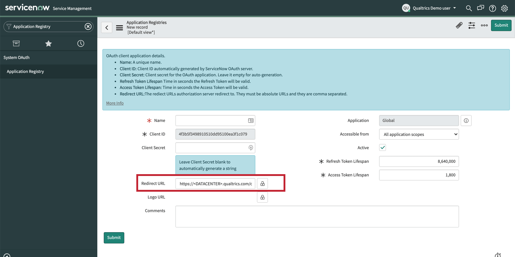 Shows where to enter redirect URLs in Servicenow