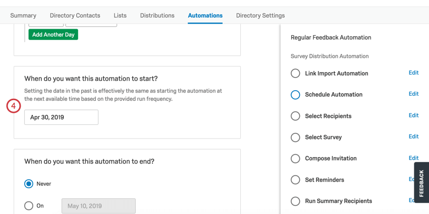 choosing when the automation should start and end