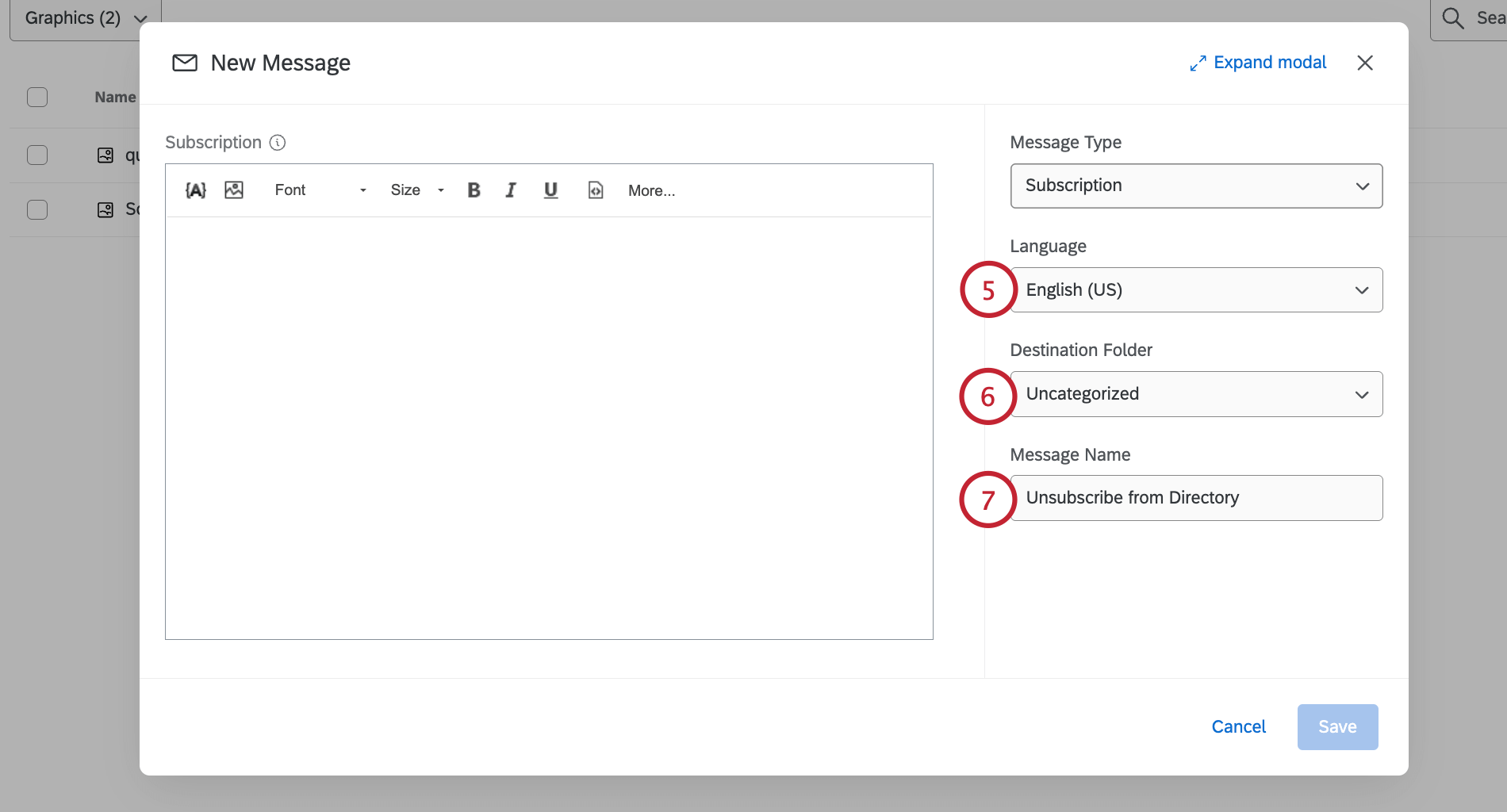 choosing a language, folder, and title for the message