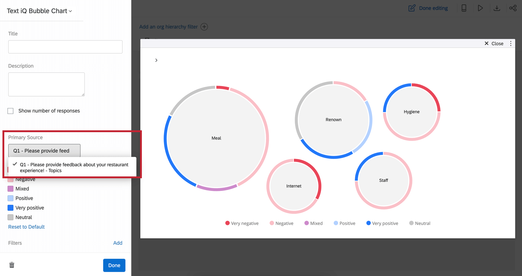 Source dropdown shows all topics passed through the Text iQ