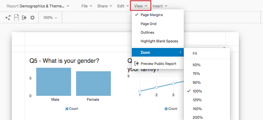 Visão expandida, incluindo submenu Zoom