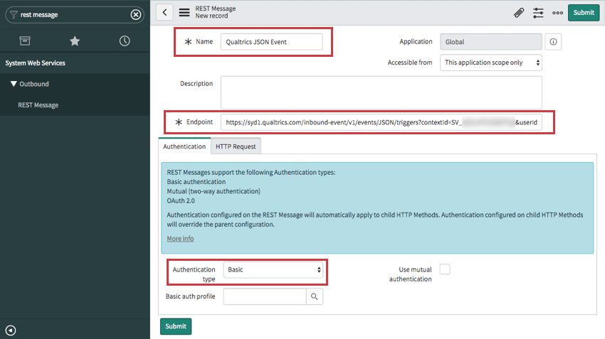 dando um nome à mensagem, especificando o ponto de extremidade e escolhendo o tipo de autenticação