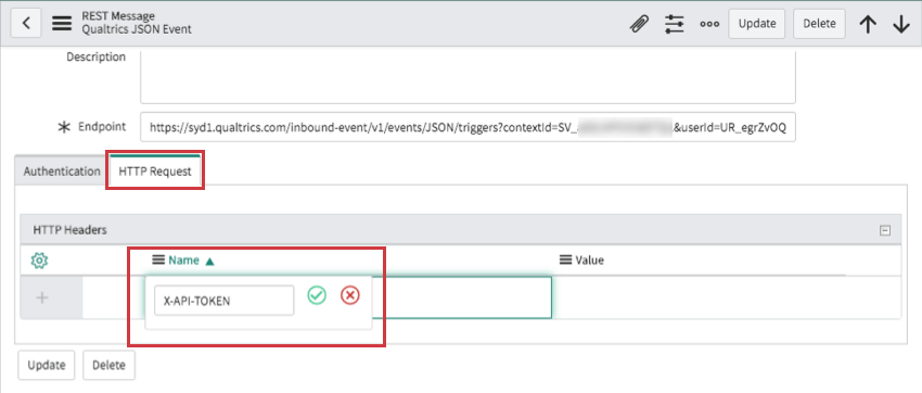 selecionando a solicitação HTTP e adicionando o X-API-TOKEN