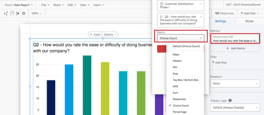 Metric dropdown in the visualization editing pane