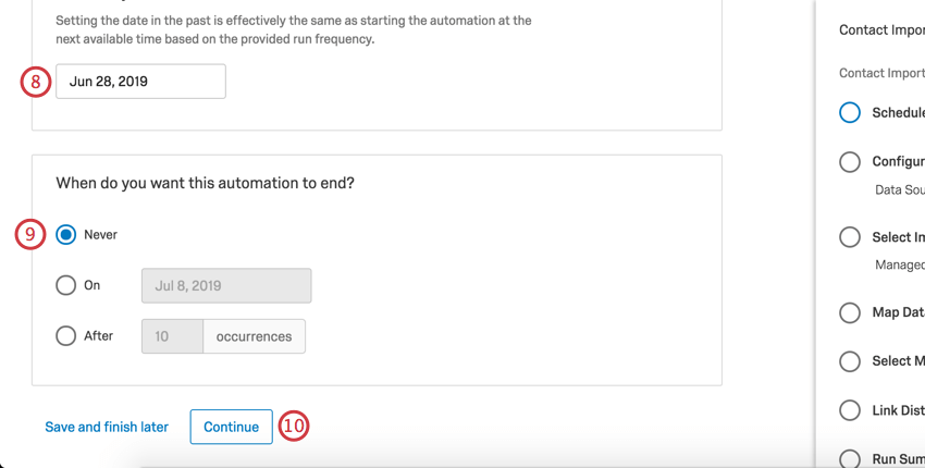 choosing when the automation should start and end