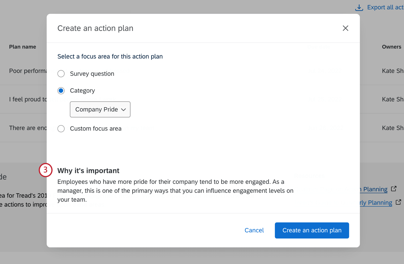 Au lieu dêtre vide, il y a des informations sur la fenêtre de création dun plan daction. 