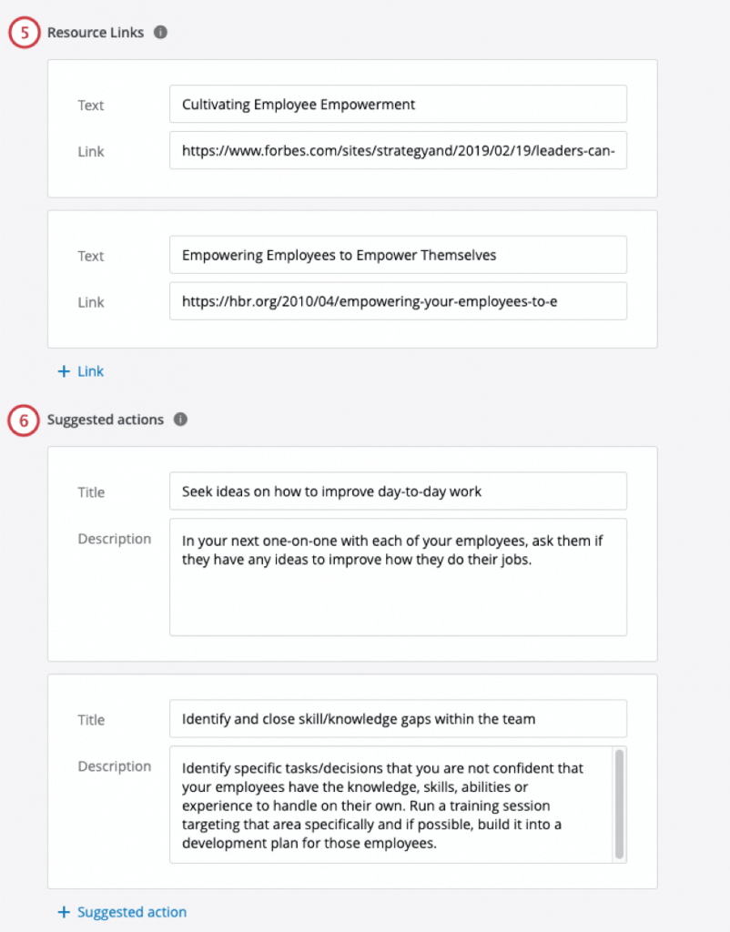 Hinzufügen von Ressourcenlinks und vorgeschlagenen Aktionen