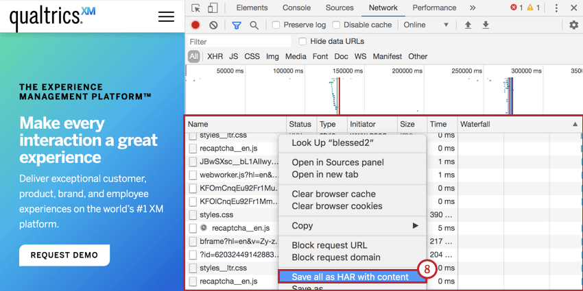 Image de l’option Save all as HAR (Enregistrer tout au format HAR) avec le contenu dans Chrome