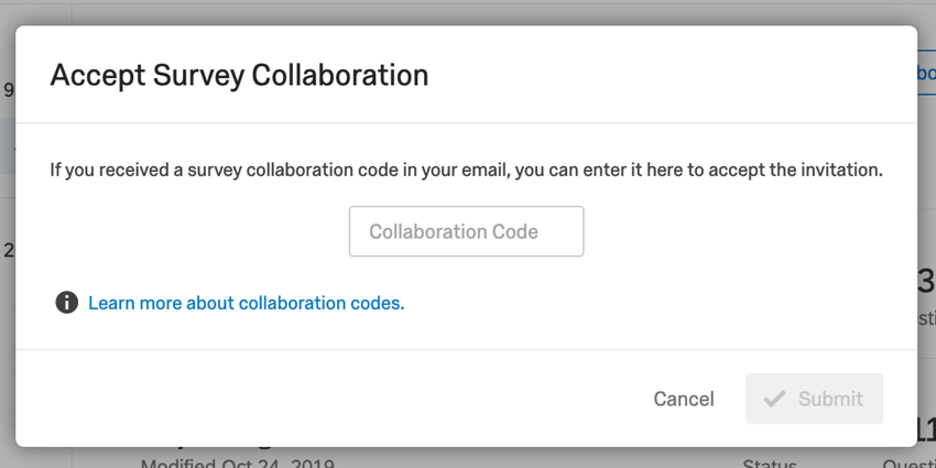 Fenêtre de collaboration où il y a un champ pour un code et un bouton d'envoi