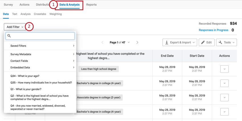 Option „Filter hinzufügen“ oben links auf dem Reiter „Daten und Analyse“