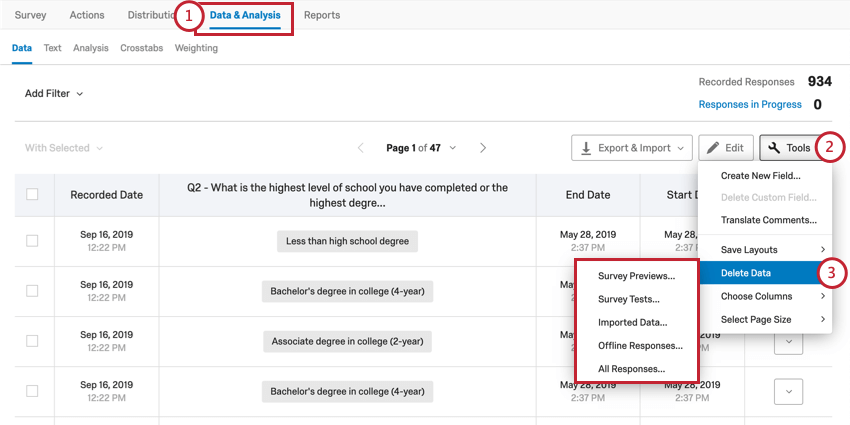 Dropdown-Liste „Daten löschen“ im Dropdown-Menü „Werkzeuge“