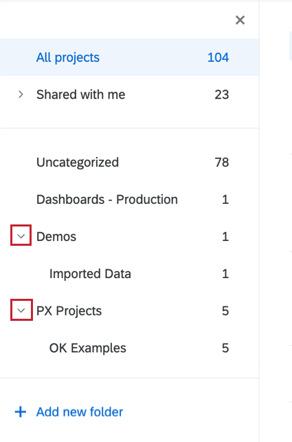Nested folders with dropdown arrows
