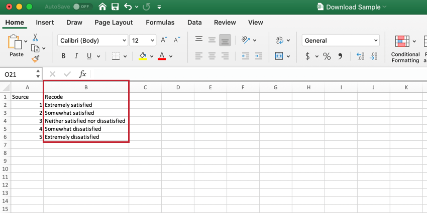 image d’un fichier CSV ouvert dans Microsoft Excel pour définir des valeurs de recodage