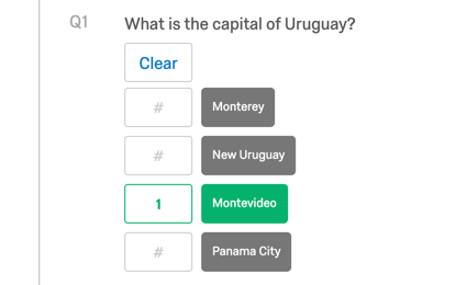 A question that asks what the capital of Uruguay is. All answers are grayed out with no value, except Montevideo, which is green with 1 point, and is the correct answer
