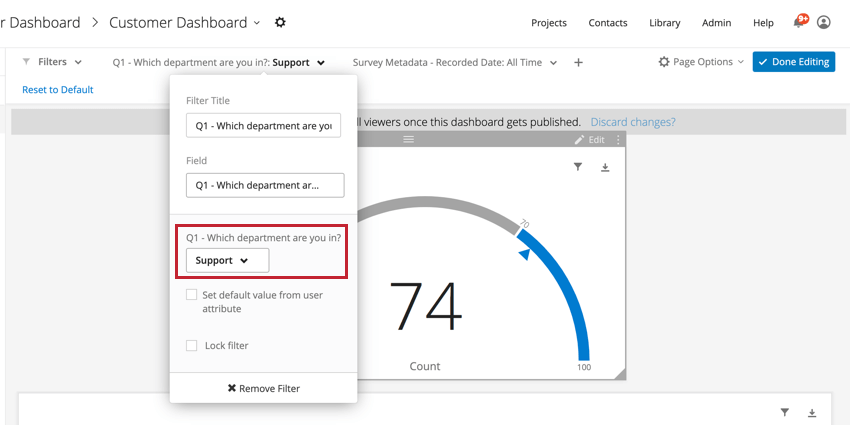 image of a page filter added to a dashboard in editing mode with specific filter values selected