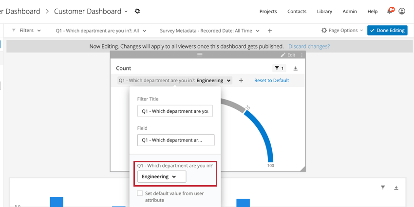 image of a widget filter added to a widget in editing mode with specific filter values selected