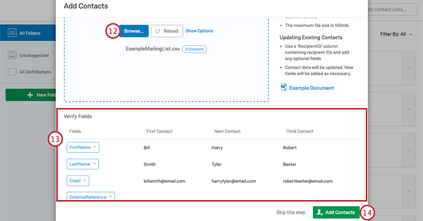 Browse button in the center of the Add Contacts window. Verify Fields on bottom of Add Contacts window, first column highlighted. Add Contacts button on bottom-right of Add Contacts window