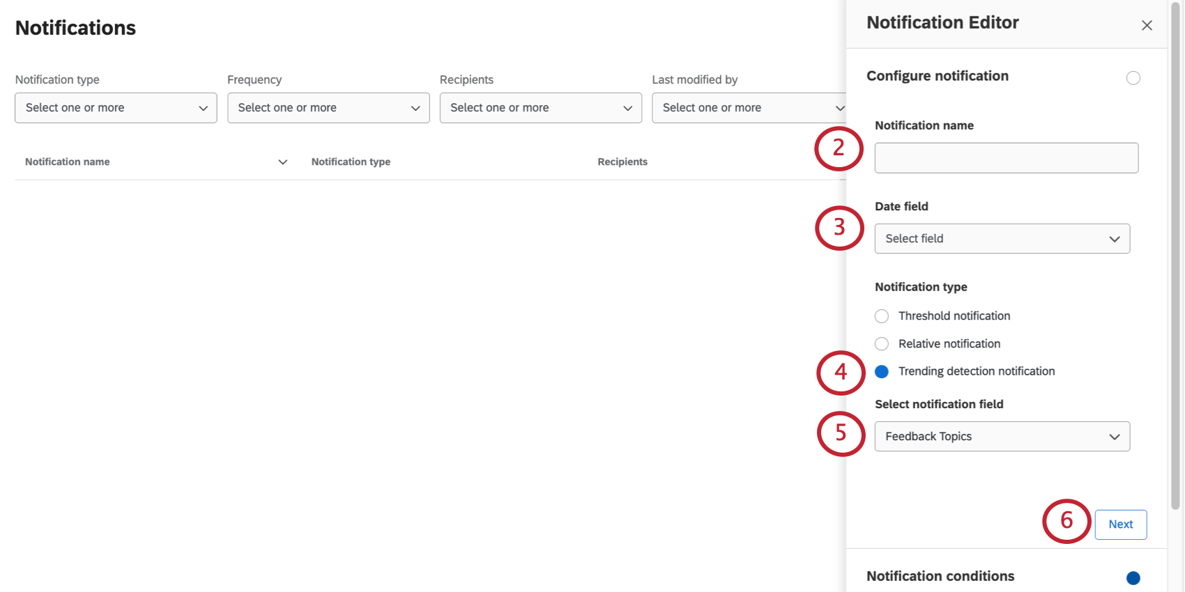 The monitor customizer opens to right and has the fields described, but the type of notification is listed below the field you are selecting