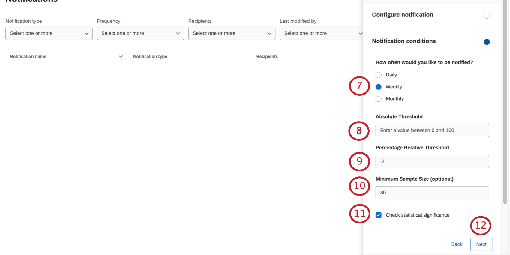 Options for frequency of communication. Next button in white above Save button