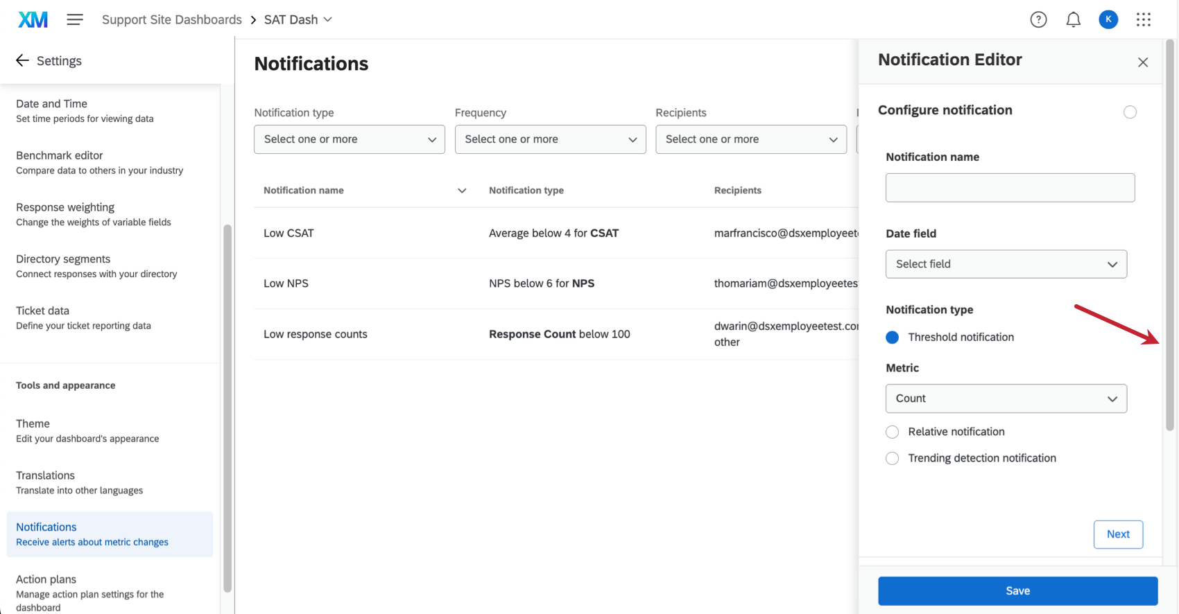 Scrollbar in the notification editor that opens in a window to the right